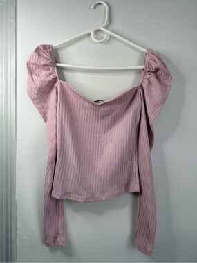 Light Pink Ribbed Off-Shoulder Long Sleeve Top